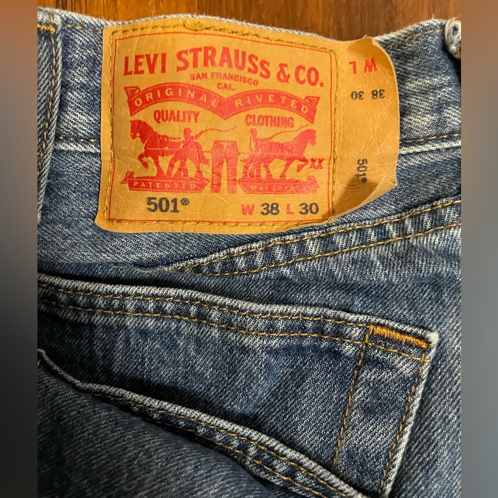 Levi’s button fly jeans. Medium wash, size 38 W 30 L. Great condition.